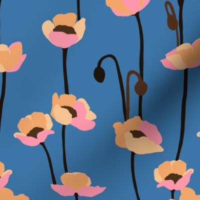 Poppies - yellows and pink on blue - small