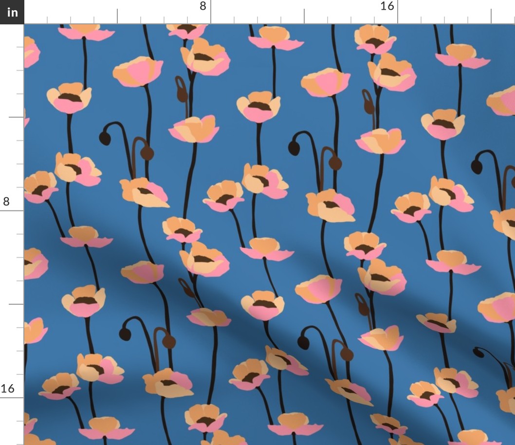 Poppies - yellows and pink on blue - small