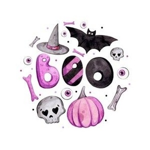 4" Circle Panel Halloween Boo! Purple Pumpkins Witch Hats Bats Skulls on White for Quilt Square Potholder or Embroidery Hoop