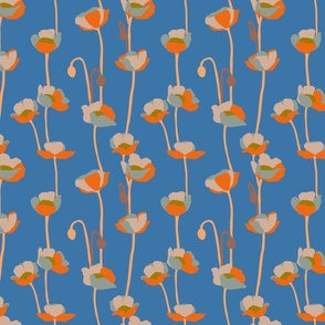 Small - Poppies - light blue and orange on medium blue 