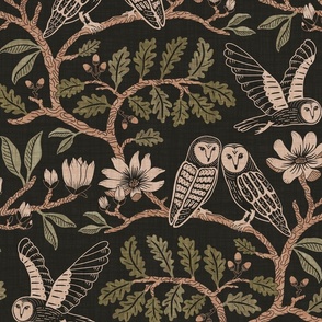 Barn Owls with Oaks and Magnolias in copper brown and olive green on textured warm charcoal - large