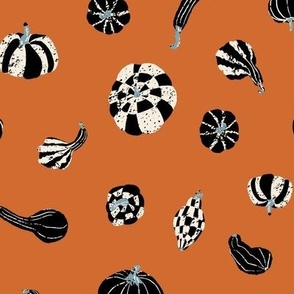Textured fall pumpkins and gourds - black and white on orange // // Large