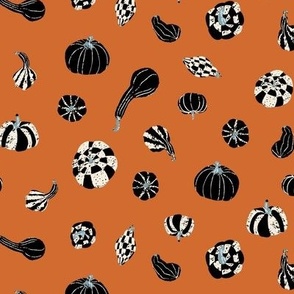 (M) Textured fall black and white pumpkins and gourds - orange boho, medium