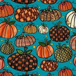 Cozy Fall Pumpkins and Stars on Lagoon Teal Blue Green