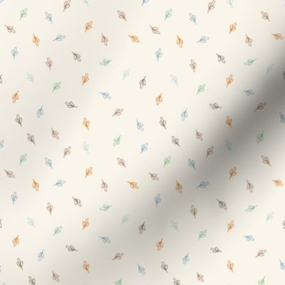274 - Ditsy leaf motif in greens, browns, blues and oranges on pale cream background, for apparel, patchwork, quilting, crafts and nursery bed linen 