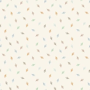 274 - Ditsy leaf motif in greens, browns, blues and oranges on pale cream background, for apparel, patchwork, quilting, crafts and nursery bed linen 