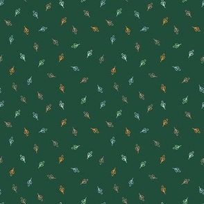 274 - Ditsy leaf motif in greens, browns, blues and oranges on deep forest green background, for apparel, patchwork, quilting, crafts and nursery bed linen 