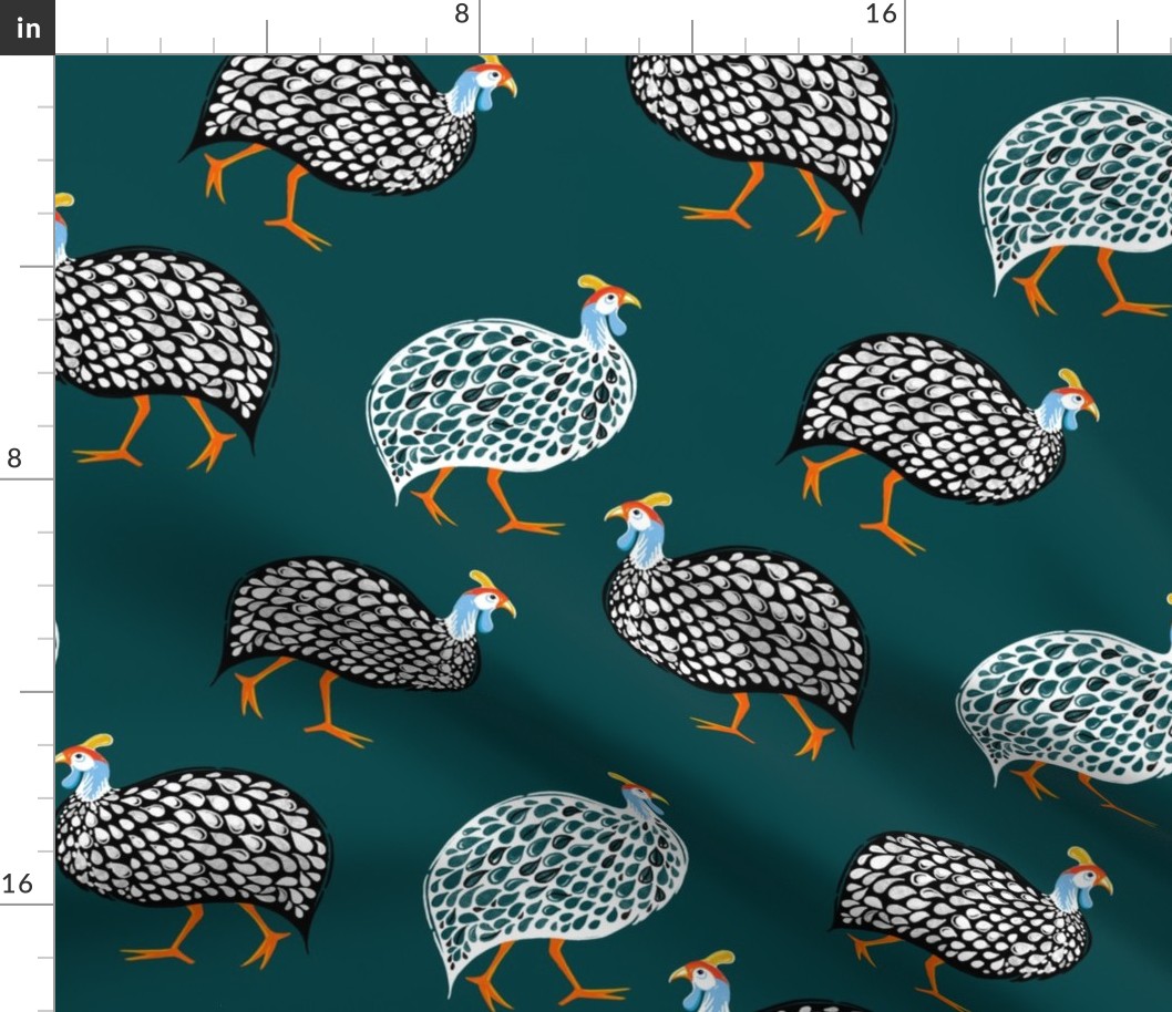 Paisley Polka Guinea Fowl on Dark Teal, Small Scale