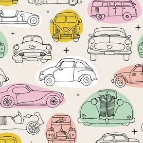Fifties vintage oldtimers eclectic car design in retro colors pink mint on beige