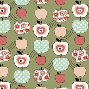 Fifties vintage - eclectic mid-century groovy apples fruit designs with polka dots green coral blush