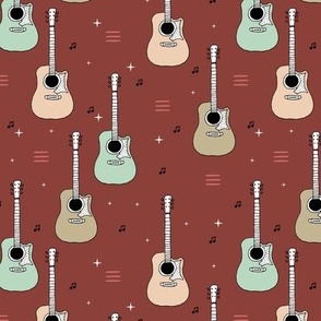 Fifties eclectic acoustic guitars rock music instruments guitar sing and song writer band design mint beige on vintage red