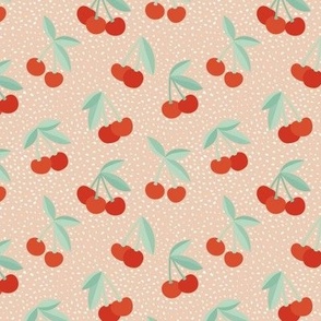 Fifties vintage - eclectic mid-century groovy summer cherries designs with speckles and  polka dots mint green ruby red on sand
