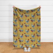 colorful patchwork roosters on gold | medium | colorofmagic