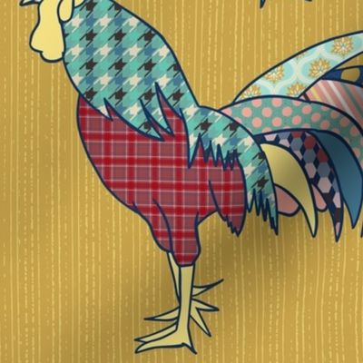 colorful patchwork roosters on gold | medium | colorofmagic