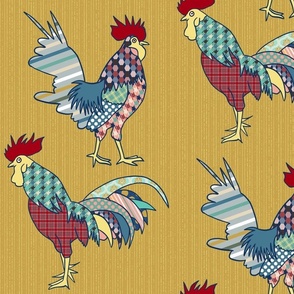 colorful patchwork roosters on gold | medium | colorofmagic