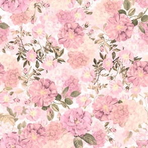 Nostalgic Pierre-Joseph Redouté Dog Roses, Antique Flower Rose And Hydrangea Bouquets,  Vintage Home Decor, English Dog Rose Fabric, Roses Wallpaper  - off white soft pink- double layer