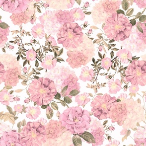 Nostalgic Pierre-Joseph Redouté Dog Roses, Antique Flower Rose And Hydrangea Bouquets,  Vintage Home Decor, English Dog Rose Fabric, Roses Wallpaper  - off white soft pink