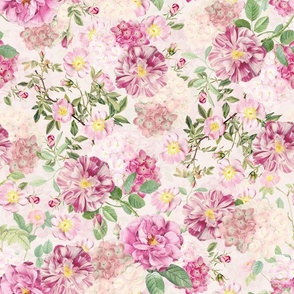 Nostalgic Pierre-Joseph Redouté Dog Roses, Antique Flower Rose And Hydrangea Bouquets,  Vintage Home Decor, English Dog Rose Fabric, Roses Wallpaper  - light pink- double layer