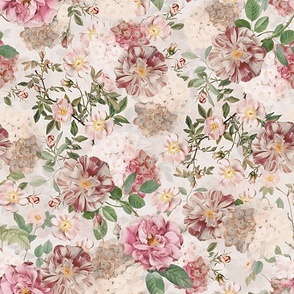 Nostalgic Pierre-Joseph Redouté Dog Roses, Antique Flower Rose And Hydrangea Bouquets,  Vintage Home Decor, English Dog Rose Fabric, Roses Wallpaper  - blush powder pink - double layer