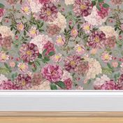 Nostalgic Pierre-Joseph Redouté Dog Roses, Antique Flower Rose And Hydrangea Bouquets,  Vintage Home Decor, English Dog Rose Fabric, Roses Wallpaper  - grey - double layer