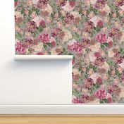 Nostalgic Pierre-Joseph Redouté Dog Roses, Antique Flower Rose And Hydrangea Bouquets,  Vintage Home Decor, English Dog Rose Fabric, Roses Wallpaper  - grey - double layer