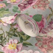 Nostalgic Pierre-Joseph Redouté Dog Roses, Antique Flower Rose And Hydrangea Bouquets,  Vintage Home Decor, English Dog Rose Fabric, Roses Wallpaper  - grey - double layer