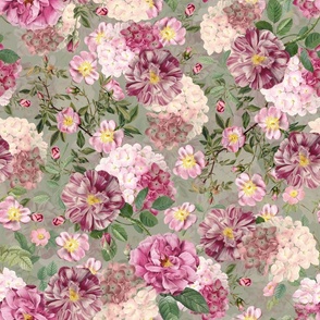 Nostalgic Pierre-Joseph Redouté Dog Roses, Antique Flower Rose And Hydrangea Bouquets,  Vintage Home Decor, English Dog Rose Fabric, Roses Wallpaper  - sage - double layer