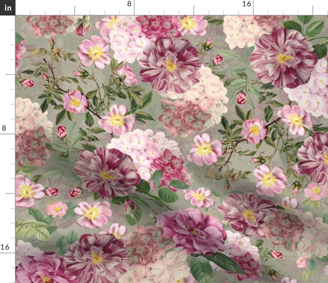 Nostalgic Pierre-Joseph Redouté Dog Roses, Antique Flower Rose And Hydrangea Bouquets,  Vintage Home Decor, English Dog Rose Fabric, Roses Wallpaper  - sage - double layer