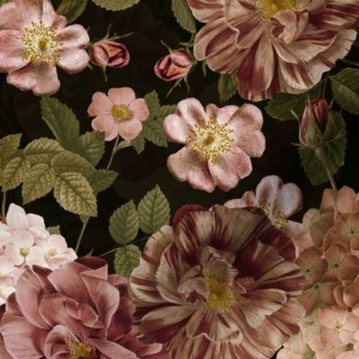 Nostalgic Pierre-Joseph Redouté Dog Roses, Antique Flower Rose And Hydrangea Bouquets,  Vintage Home Decor, English Dog Rose Fabric, Roses Wallpaper  - double layer- sepia tanned