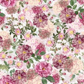 Nostalgic Pierre-Joseph Redouté Dog Roses, Antique Flower Rose And Hydrangea Bouquets,  Vintage Home Decor, English Dog Rose Fabric, Roses Wallpaper  - off white - double layer
