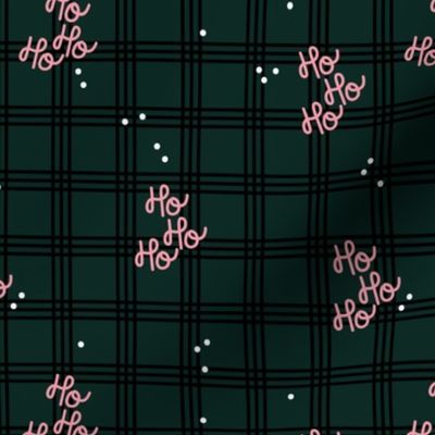 Hohoho merry Christmas - traditional plaid seasonal tartan seventies design with snow and santa text pink on pine green  