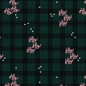 Hohoho merry Christmas - traditional plaid seasonal tartan seventies design with snow and santa text pink on pine green  