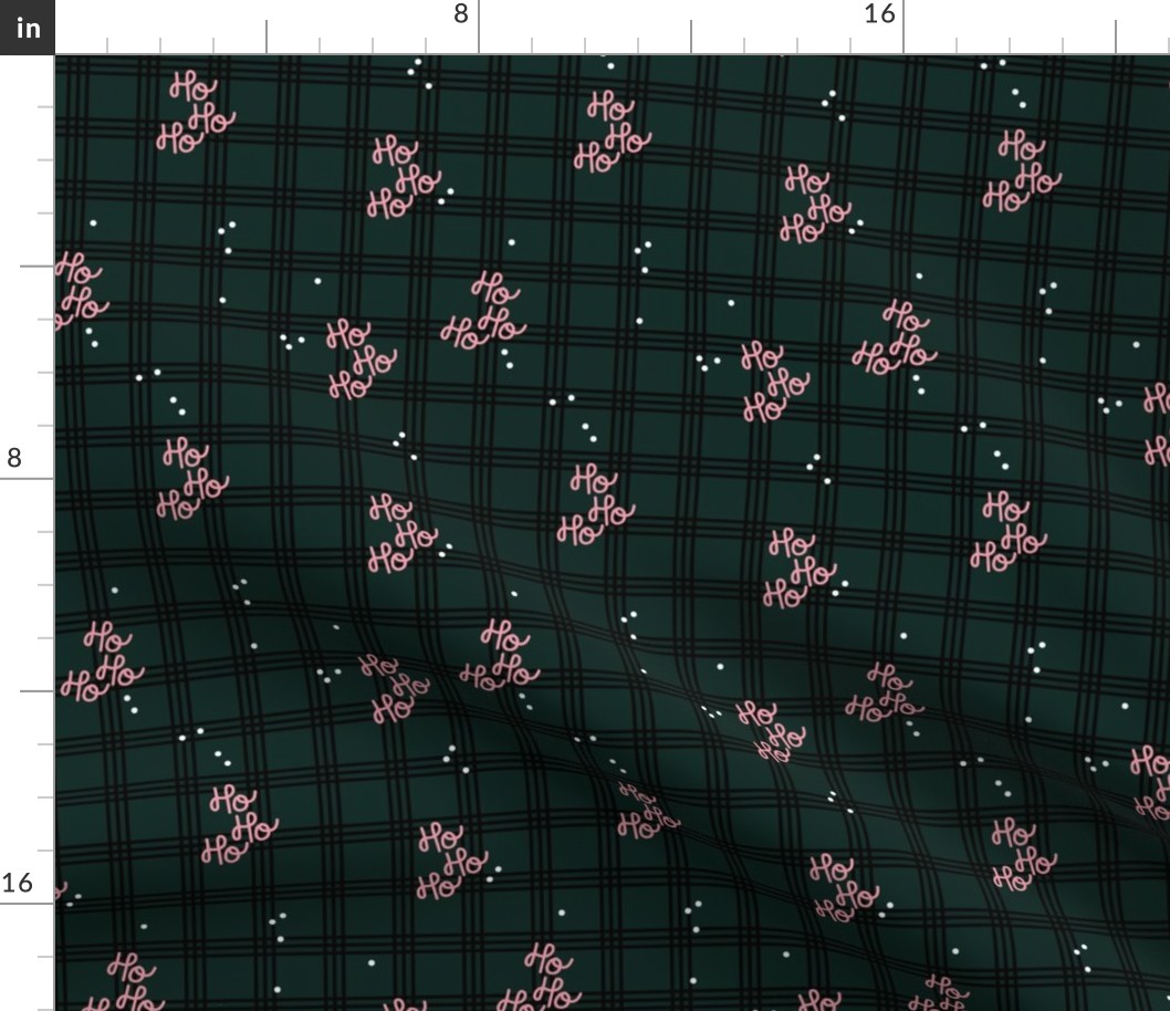 Hohoho merry Christmas - traditional plaid seasonal tartan seventies design with snow and santa text pink on pine green  