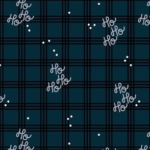 Hohoho merry Christmas - traditional plaid seasonal tartan seventies design with snow and santa text on ice gray on navy blue