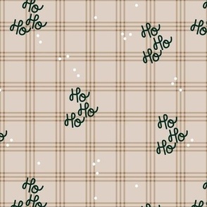 Hohoho merry Christmas - traditional plaid seasonal tartan seventies design with snow and santa text beige pine green