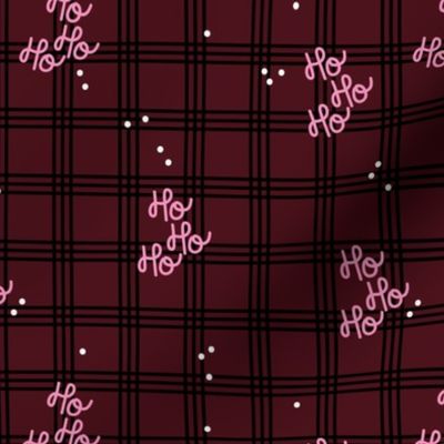 Hohoho merry Christmas - traditional plaid seasonal tartan seventies design with snow and santa text pink on burgundy red girls