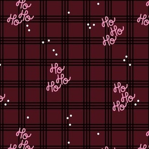 Hohoho merry Christmas - traditional plaid seasonal tartan seventies design with snow and santa text pink on burgundy red girls