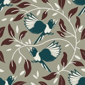 Magpies in Green sage, burgundy and turquoise  