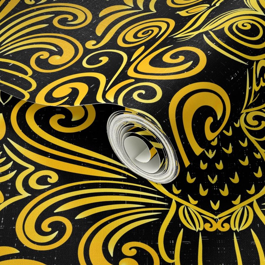 Mystic Owl - Guardian of the Knowledge of Fate - Folk Magic Shamanic Tribal Mood - Textured Drapped Line Art - Ancient Folk Obereg Ornament - Structural Deco Art -  Golden Amber Yellow Black Large