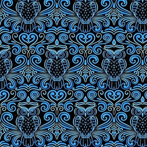 Mystic Owl - Guardian of the Knowledge of Fate - Folk Magic Shamanic Tribal Mood - Textured Drapped Line Art - Ancient Folk Obereg Ornament - Structural Deco Art - Bioluminescence Cyan Blue Black 2 Smaller
