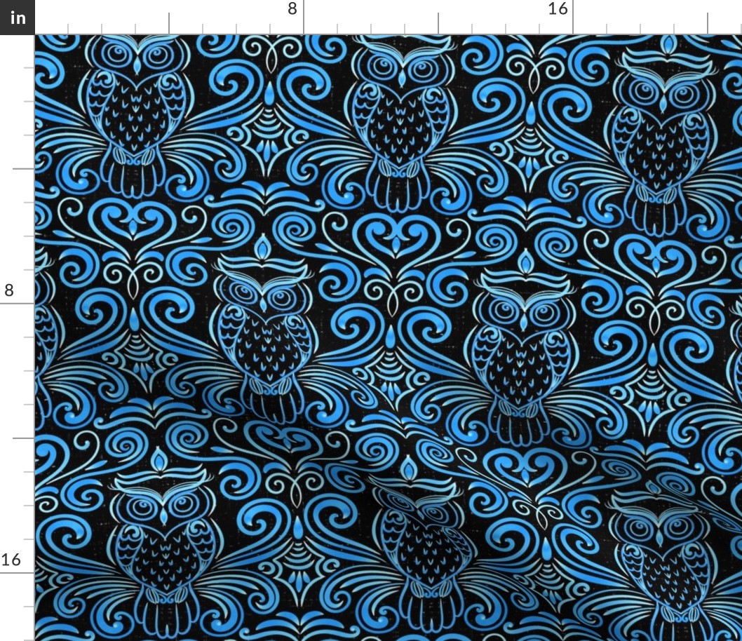 Mystic Owl - Guardian of the Knowledge of Fate - Folk Magic Shamanic Tribal Mood - Textured Drapped Line Art - Ancient Folk Obereg Ornament - Structural Deco Art - Bioluminescence Cyan Blue Black 2 Smaller