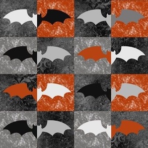 Medium Scale Halloween Grunge Bats in Grey Black Orange Checkerboard