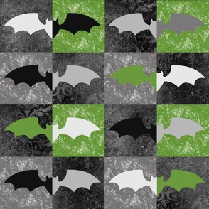 Large Scale Halloween Grunge Bats in Grey Black Green Checkerboard