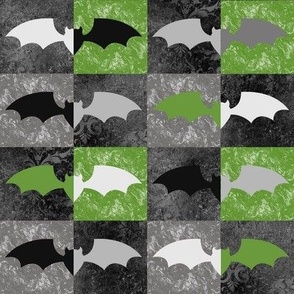 Medium Scale Halloween Grunge Bats in Grey Black Green Checkerboard