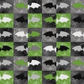 Small Scale Halloween Grunge Bats in Grey Black Green Checkerboard