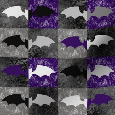 Medium Scale Halloween Grunge Bats in Grey Black Purple Checkerboard