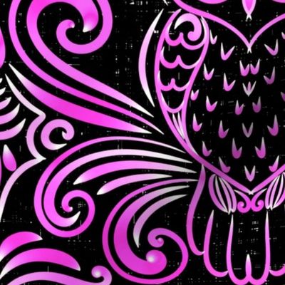 Mystic Owl - Guardian of the Knowledge of Fate - Folk Magic Shamanic Tribal Mood - Textured Drapped Line Art - Ancient Folk Obereg Ornament - Structural Deco Art -  Bioluminescence Magenta Pink Black Middle