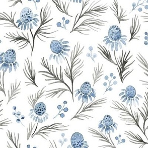 Cute and simple botanical watercolor daisies, wildflowers indigo gray colors