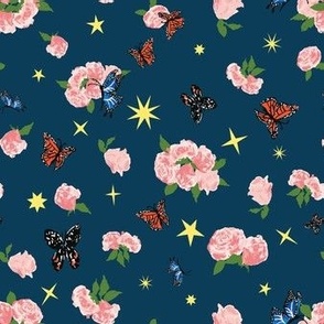 art nouveau painted butterfly pink rose and stars on navy blue