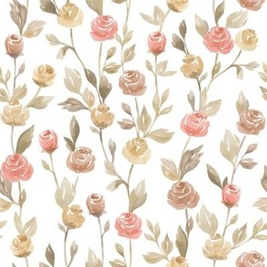 Beige terracotta roses, leaves, buds and branches on white.